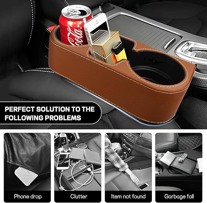 Car Cup Holder, Multifunctional Auto Drink Holder Gap Filler Storage Box, Leather Car Seat Organizer with Cup Holder, Universal Vehicle Front Seat Organizer for Bottle Phone (Brown)
