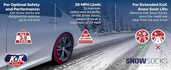 K&K Auto Snow Socks for Tires – Pro Series for Ultimate Grip Approved Snow Chain Alternative Traction Device – Tire Sock for Car SUV Van Minivan – Winter Travel Accessory Emergency Kit – XL (2pcs)