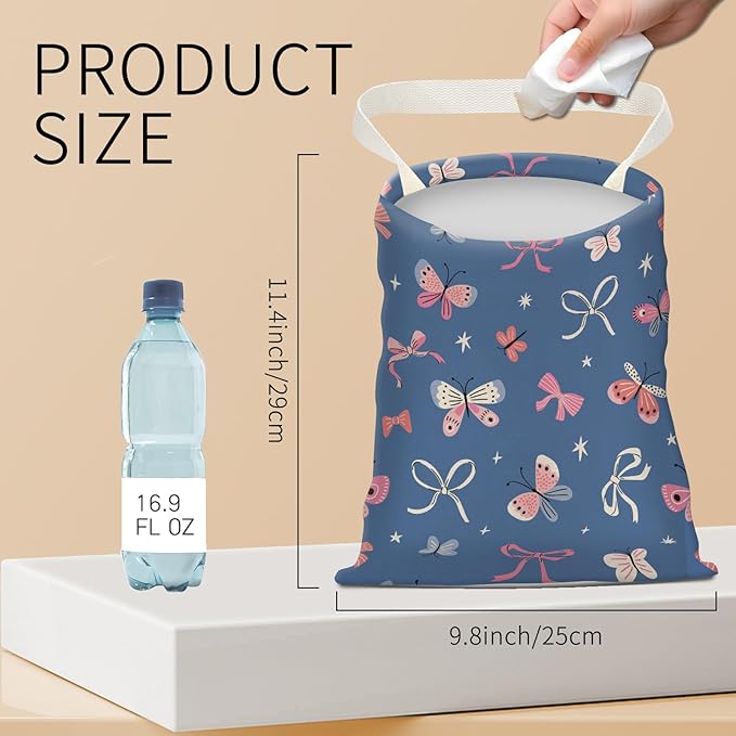 BEAKND Hanging Car Garbage Bag, Cute Car Trash Can Bag, Automotive Accessories for Women Men Cute Blue Pink Butterfly Bow