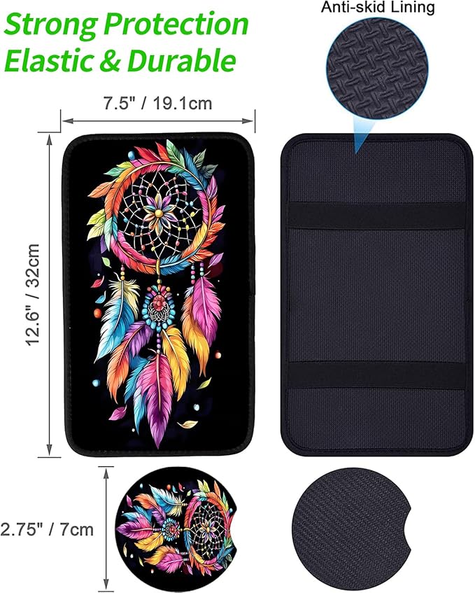JANENFNA Car Armrest Cover Pads Universal Fashion Cute Auto Center Console Armrest Cover Pad with 2PCS Car Coasters Soft Waterproof Car Armrest Seat Protector for Women,Colorful Wind Chime