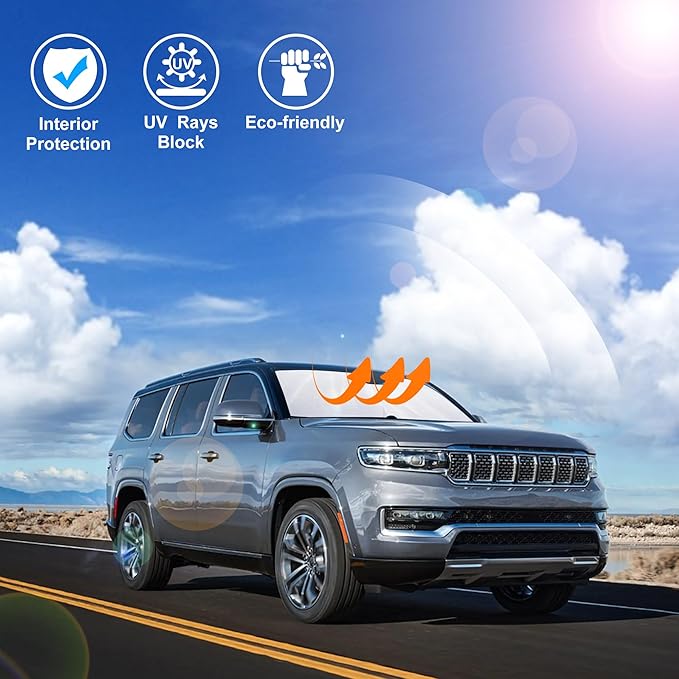 Windshield Sun Shade Custom Fit for 2022 2023 2024 2025 Jeep Wagoneer (NOT for Grand Wagoneer) Accessories Foldable Sunshade Sun Blocker Protect Car from Sun Rays & Heat Damage Keep Car Cooler