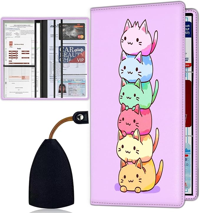 Car Registration Holder, Waterproof PU Leather Vehicle Card Document Glove Box Organizer, Women Interior Auto Accessories Case for Cards, Driver License Car Insurance Holder, Gay Pride Cats Pattern