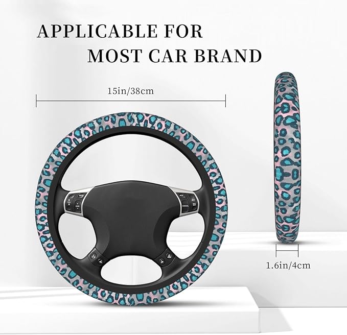 Cheetah Print Blue Car Steering Wheel Cover, 15 Inch Steering Wheel Cover Stylish Decor for Most Cars