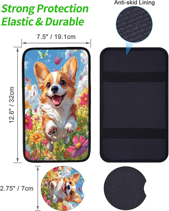 JANENFNA Car Armrest Cover Pads Universal Fashion Cute Auto Center Console Armrest Cover Pad with 2PCS Car Coasters Soft Waterproof Car Armrest Seat Protector for Women,Cute Puppy