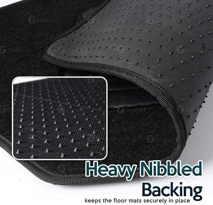 Zone Tech All Weather Carpet Vehicle Floor Mats- 4-Piece Black Premium Quality Carpeted Floor Liners Plus Vinyl Heel Pad for Additional Protection - Driver Seat, Passenger Seat and Rear