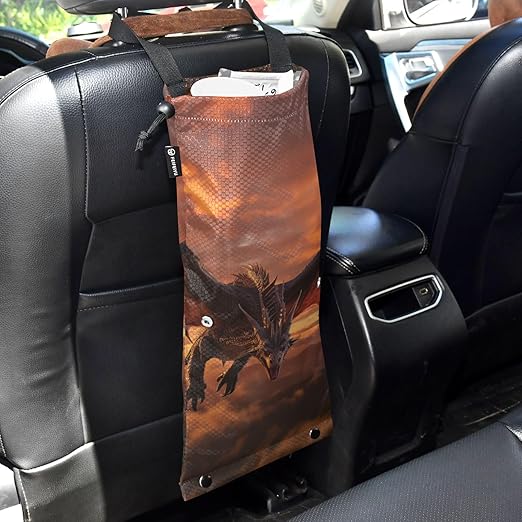 ALAZA Hanging Car Trash Bags Garbage Bag Trash Can for Back Seat Small Dinosaur Dragon Washable Storage Bag Retractable 2 Pack