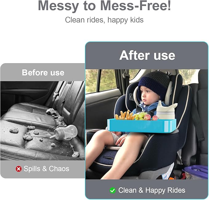 [Pink+Sky Blue] Car Seat Snack Tray for Toddlers - 3 Inch Cup Holder Fits Most Sippy Cups & Straw Bottles with Dip Well, Mess-Free Square Kids Travel Tray Road Trip Essentials, Pink & Sky Blue
