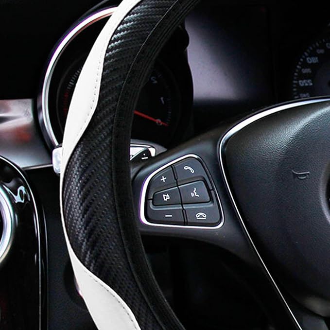 Car Steering Wheel Cover, 15 inch Carbon Fiber Microfiber PU Leather Elastic Steering Wheel Protector for Men Women, Anti-Slip Breathable Car Interior Accessories for Most Cars (White)