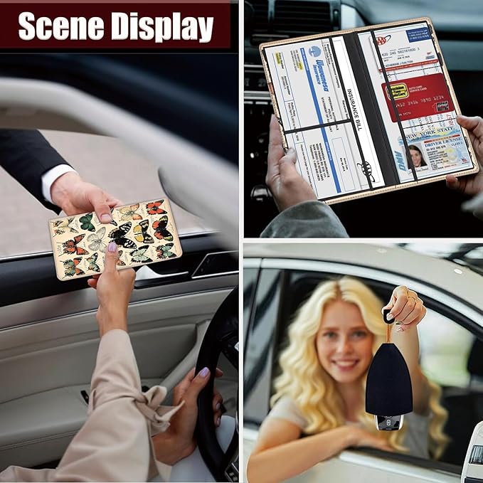 Car Document Holder with Magnetic Shut, Car Registration and Insurance Card Holder, Vehicle Glove Box Organizer Documents, Driver License, Auto Paperwork Organizer Wallet, Colorful Butterfly Species