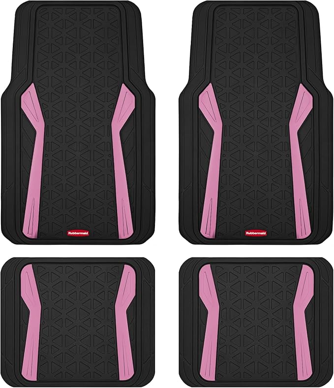 Rubbermaid Car Floor Mats Full Set, Premium Heavy Duty All-Weather Car Mats– Rugged Rubber with Brushed Aluminum Inserts, Universal Trim-to-Fit, Anti-Slip Backing for Cars, SUVs, Trucks & Vans - Pink