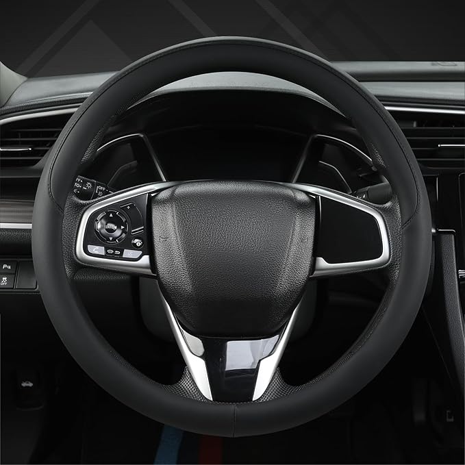 West Llama Thin Car Steering Wheel Cover, Universal 14.5-15 inch Nappa Leather Steering Wheel Cover, Ultra Thin, Anti-Slip, Breathable(Black-Standard Size)