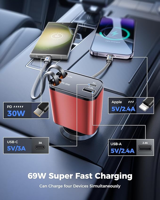 [2024 Upgraded] 4 in 1 Retractable Car Charger, SUPERONE Smaller Fast Car Phone Charger 69W with Cord, USB C and iPhone Car Charger Adapter, Compatible iPhone 17/17 Pro Max/16/15/14/13/12/11, Sumsung