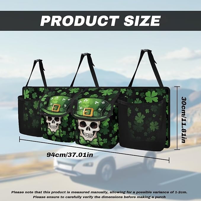 St. Patrick Day Skull Car Trunk Organizer for Women Men Hanging Suv Trunk Organizer Green Leaves Foldable Cargo Bag,4 Compartments,Frees Trunk Floor