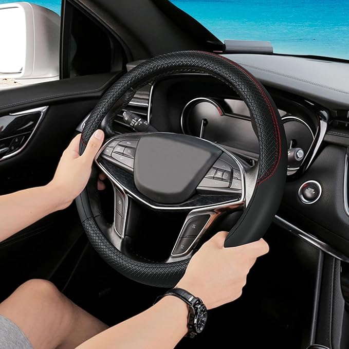 Black Car Steering Wheel Cover, Microfiber, Leather Patchwork, Universal 14.5-15 Inch Leather Anti-Slip Breathable Auto Steering Wheel Covers for Men Women