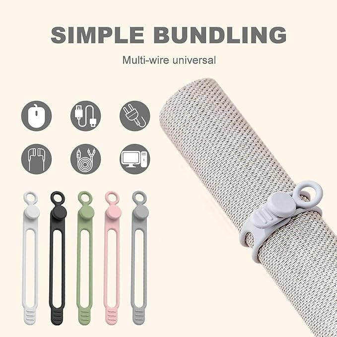 Silicone Cable Ties, Data Cable Organizer, Reusable Cable Management, Multipurpose Elastic Cord Organizer, Pink, 5Pack