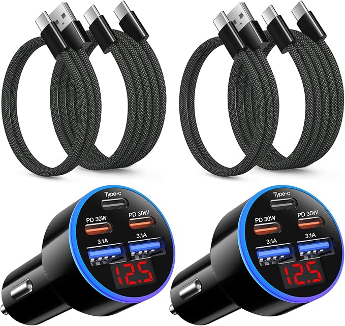 USB C Car Charger, OKRAY 2Pack 90W 5-Port PD30W Super Fast Charging Type C Car Charger 12v Cigarette Lighter Adapter + 4Pack USB-C Cords for iPhone 17 16e 16 15 14 Pro, iPad Air, Galaxy S25 S24 A16