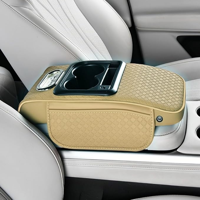 2026 Upgraded Car Center Console Cushion with 30w USB& Type-C Charging Ports, Leather Car Armrest Pad Cover, Interior Accessories for Most Vehicles (Ergonomic Sloped Version, Beige)