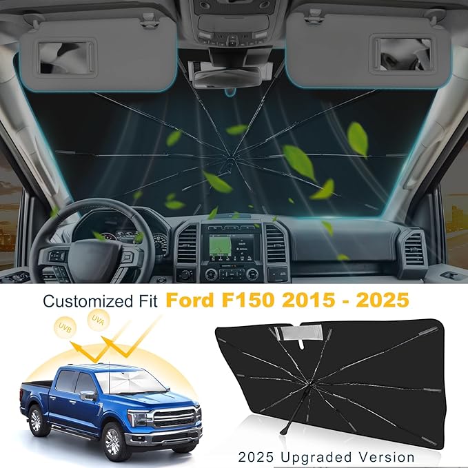 2025 Upgrade Windshield Sun Shade Umbrella Custom Fit for Ford F150 2015-2023 2024 2025 Foldable UV Protection Car Cover, Emergency Rain Shield & Dashboard Protector - Durable Auto Accessory