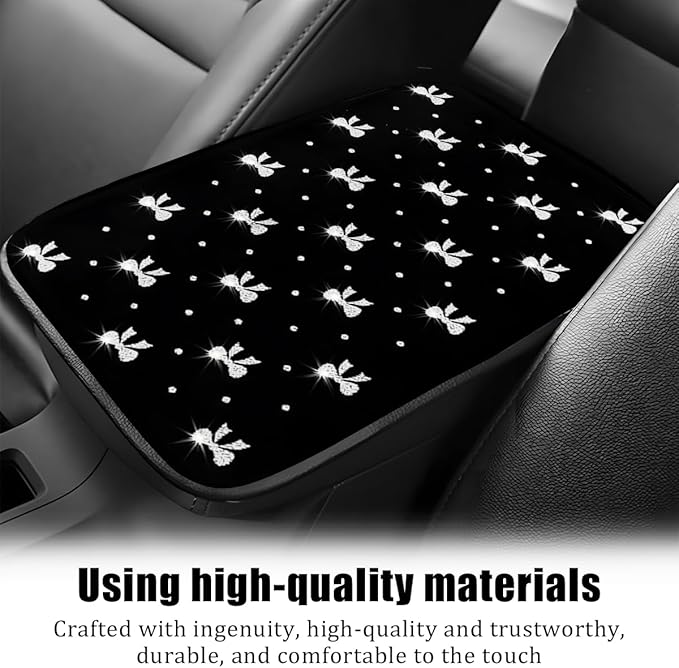Car Center Console Cover, Waterproof Leather Bow Ribbon Vehicle Arm Rest Pad, Comfortable Automotive Interior Seat Box Armrest Protection Cushion Accessories, Universal Fit (Silver)