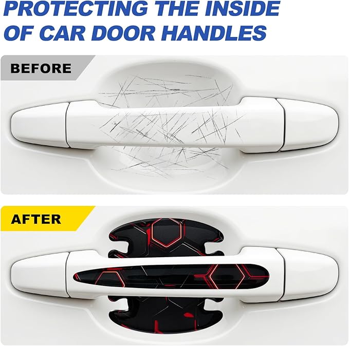 8 Pcs Car Door Handle Sticker, 3D Honeycomb Pattern Car Door Cup Protector, Universal Anti Scratches Auto Doors Handle Protective Film (Black Red)