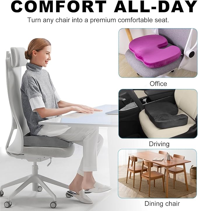 Memory Foam Seat Chair Cushion, Comfortable Auto Cushions for Long Periods of Sitting, Pregnancy Car Seat Cushion for Back, Coccyx & Sacrum Pain Relief (Grey)