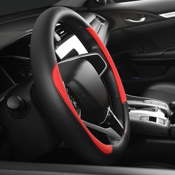 Car Steering Wheel Cover,Microfiber Leather Steering Wheel Cover Universal 14.5-15 inch, Anti-Slip Breathable Auto Wheel Cover Protector for Men Women (Black&Red)