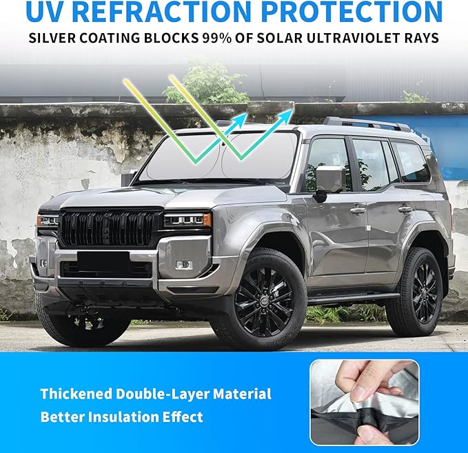 Thickened 2-Layer Front Windshield Sun Shade Compatible for Toyota Land Crusier 250 2024-present LC250, Foldable Custom Fit Sunshade Blocks 99% Heat, Keeps Car Interior Cool (for LC250 2024-present)
