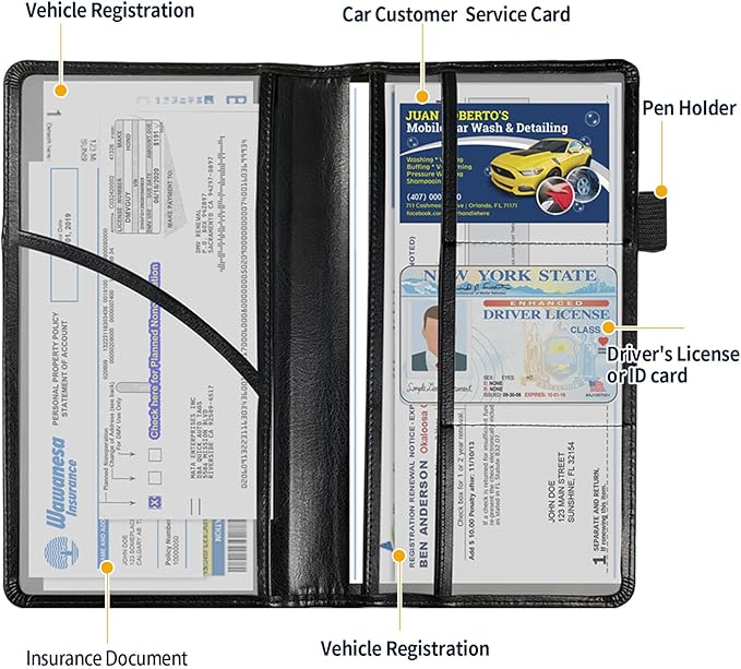 Qindaiwen Car Registration and Insurance Holder, Vehicle Card Document Elastic Band Closure Glove Box Organizer, Driver License Cards, Car Accessories for Essential Info, Grey Wolf 04