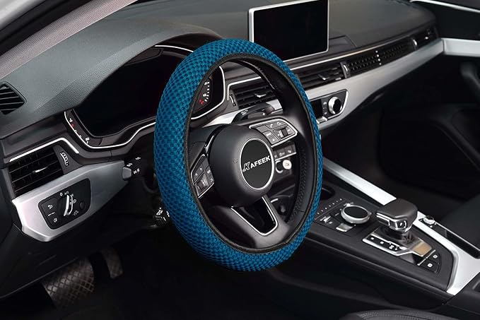 KAFEEK Elastic Stretch Steering Wheel Cover, Breathable Ice Silk Microfiber, Non-Slip Grip, Warm in Winter and Cool in Summer, Odorless, Car Accessories Fit Cars, Sedans, SUVs, Sky Blue