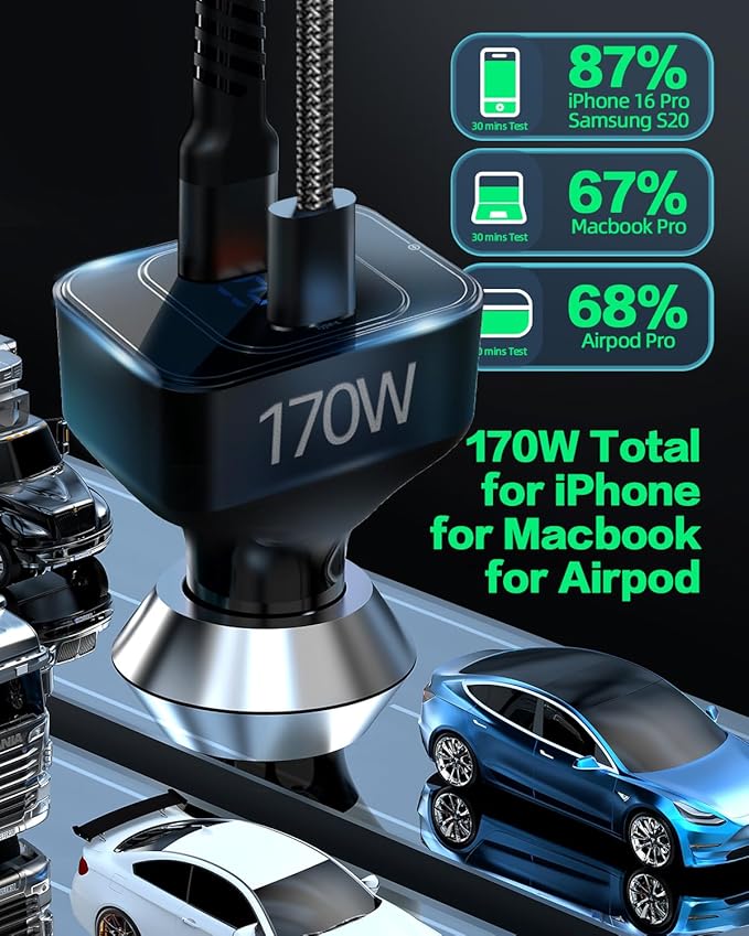170W USB C Car Charger, PD3.1 140W+30W Fast Charging Adapter with 240W Cable, Multi-Port USB-C Car Charger Compatible with Laptop MacBook iPhone 17/16/15 Pro Max Samsung S24 Ultra iPad (Black)