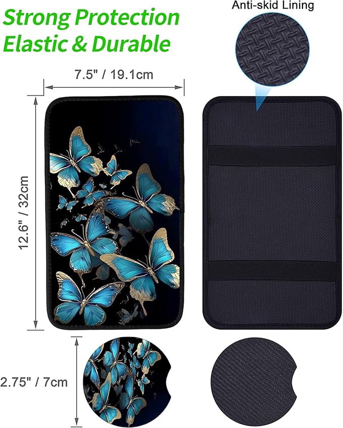 JANENFNA Car Armrest Cover Pads Universal Fashion Cute Auto Center Console Armrest Cover Pad with 2PCS Car Coasters Soft Waterproof Car Armrest Seat Protector for Women,Blue Golden Butterflies