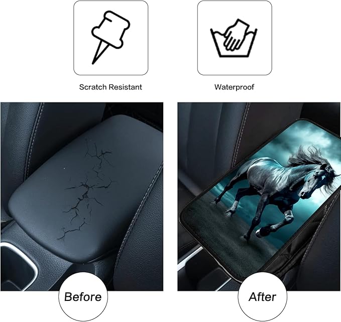JANENFNA Car Armrest Cover Pads Universal Fashion Cute Auto Center Console Armrest Cover Pad with 2PCS Car Coasters Soft Waterproof Car Armrest Seat Protector for Women,Dark Horse