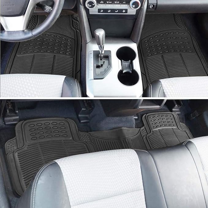 VaygWay Universal 3 Piece Heavy Duty Front and Rear Black Rubber Floor Mats - Premium Quality Trimmable Universal Fit All Weather Protection Floor Mats for Car Van SUV Truck