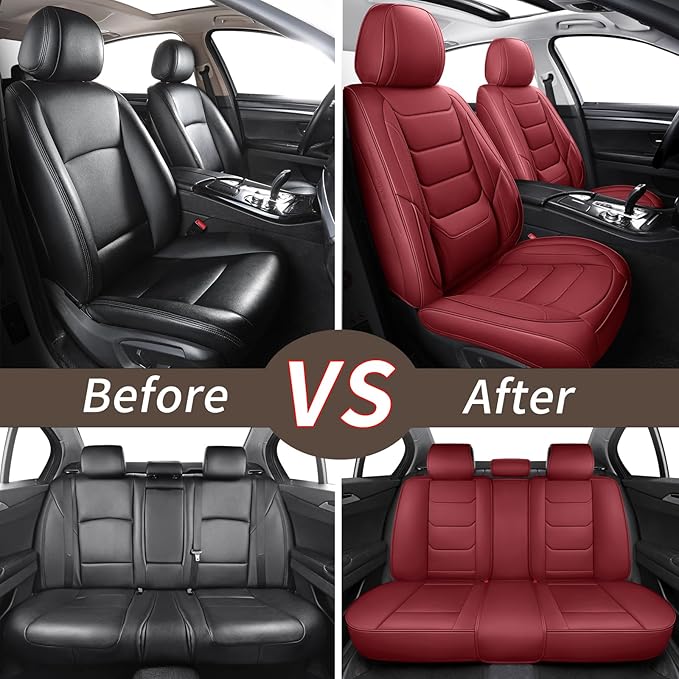 hoozoom Leather Car Seat Covers Full Set Breathable Automotive Seat Covers Waterproof Seat Protectors Universal Fit for Most Automotive Cars SUV Trucks(Red, Full Set)