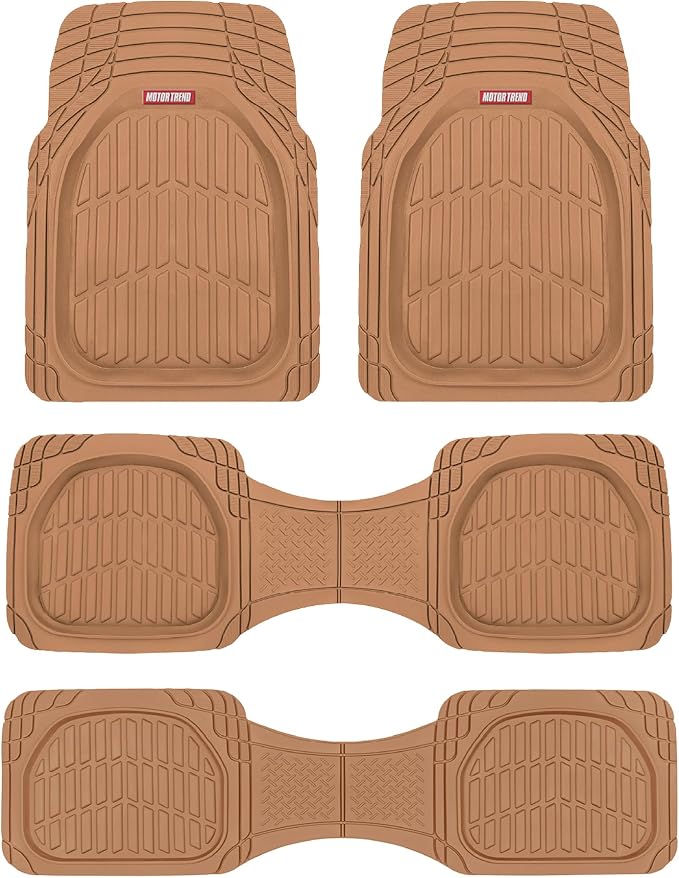 Motor Trend Original FlexTough Beige Rubber Car Floor Mats for 3 Row Vehicles, Front & Rear 2nd Row Deep Dish All Weather Automotive Heavy Duty Trim to Fit, Automotive Liners for Cars Truck Van SUV