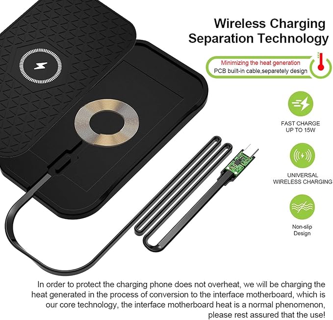 Wireless Car Charger,Fast Wireless No-Slip Charging Pad for car Cell Phone Cordless Charger mat Samsung Galaxy S24/S23/S22/S21, Android Phones, iPhone 16/15/14/13/12 Series,Airpod (Black)