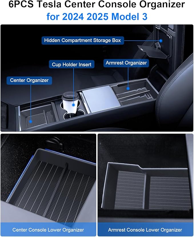 cybtkcar for Tesla Center Console Organizer Model Y Juniper Model 3 Highland Accessories 2025 2026 Upgrade Refreshed Car Organizer Storage Tray Hidden Storage Box Cup Holder Armrest Lower Tray 6PCS