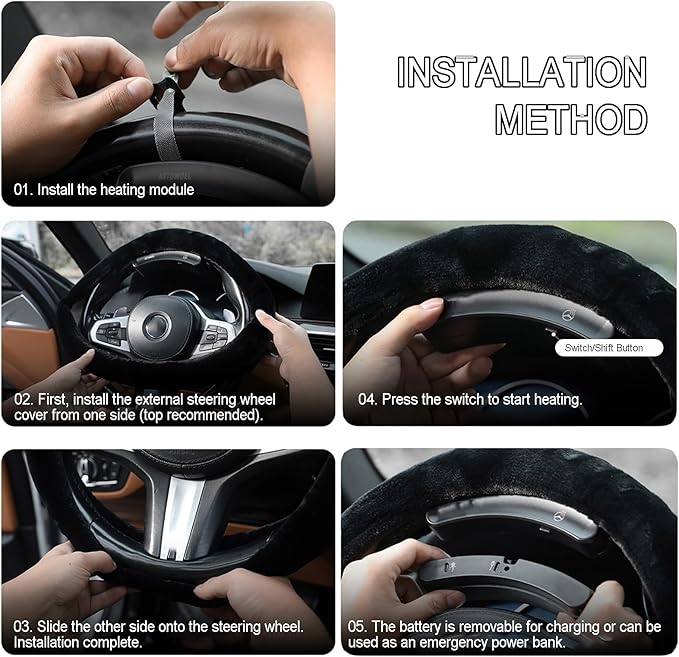 Wireless Heated Steering Wheel Cover, 15" Steering Wheel Warmer with Non-Slip Lining, for Cars Trucks SUVs(-20-0℃ Type D)