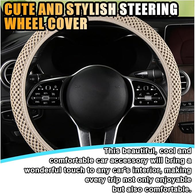 Stretch Elastic Steering Wheel Cover, All-Season Comfort, Warm in Winter & Cool in Summer, Universal 15 Inch Microfiber Breathable Ice Silk, Anti-Slip, Odorless, Easy Carry, Fit Car, SUV (Beige)