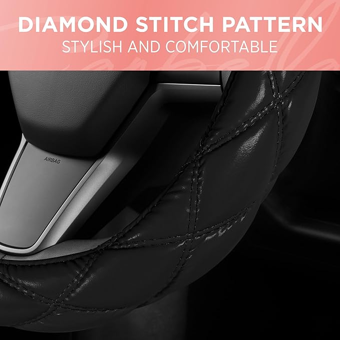 Carbella Black Stitched Leather Steering Wheel Cover for Women, Standard 15 Inch Size Fits Most Vehicles, Cute Faux Car Steering Cover with Diamond Double-Stitch Detail, Car Accessories for Women