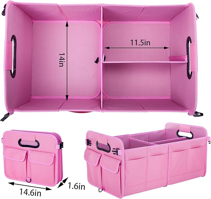 titiyiof Trunk Organizer For Suv & Sedan,Car Organizers and Storage, Waterproof Collapsible & Adjustable Straps,75L Sturdy Car Organization for Car Accessories, Tools,Sundries,2-3 Compartment（Pink）