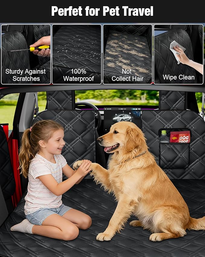 Wexyldra Dog Car Seat Cover for Back Seat Compatible with Tesla Model Y — Hard Bottom Pet Travel Hammock with Seat Extender, Waterproof Backseat Dog Cover with Door & Headrest Protectors