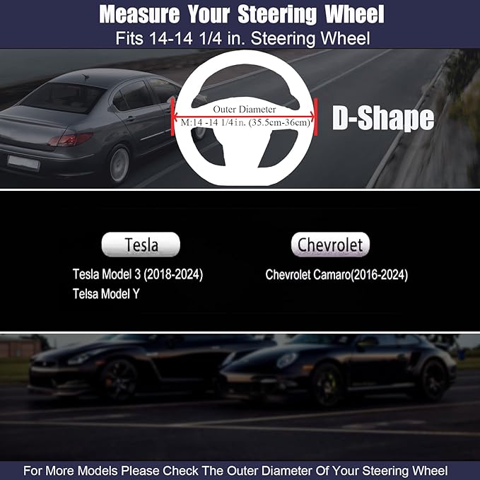 Mihecor D Shaped Steering Wheel Cover, Flat Bottom Car Wheel Cover 14-14 1/4 inch (35.5-36 cm), for Tesla Model 3 / Y, for Camaro, Breathable Microfiber Leather, Black