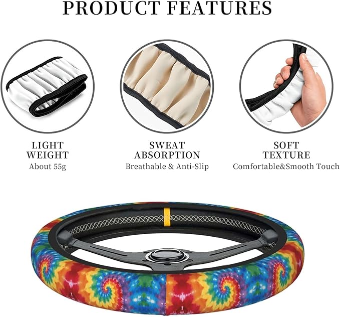 Colorful Tie Dye Car Steering Wheel Cover, 15 Inch Steering Wheel Cover Stylish Decor for Most Cars