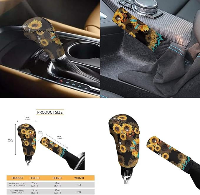 Sunflower Print Car Steering Wheel Cover Set for Men Women Leopard Print Auto Accessories 6 Pcs Sets Car Armrest Cover Handbrake Cover Suit for Most Cars Truck Vans SUV