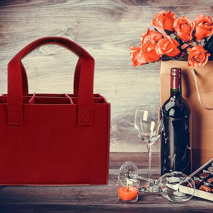 6 Bottle Wine Carrier with Divider Felt Wine Storage Tote Bag, Portable Reusable Wine Travel Bag with Handle for Christmas Travel Camping Picnic Party (Dark Gray)