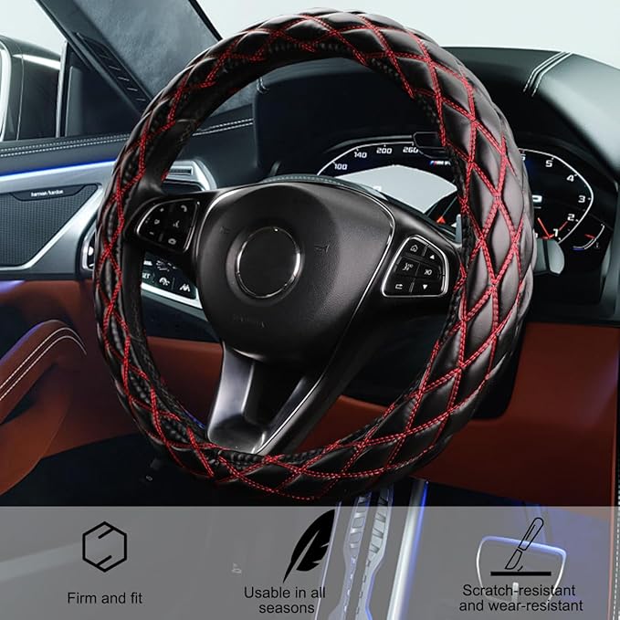 Car Steering Wheel Cover, 15" Soft Rubber Foldable Vehicle Steering Wheel Protector with Anti-Slip Lining, Automobile Interior Decoration Accessories, Universal for Most Vehicles (Black/Red)