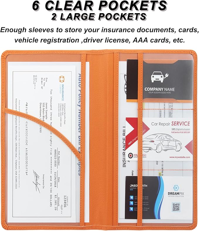 Car Registration and Insurance Holder, Premium Leather Insurance and Registration Holder,Vehicle Glove Box Car Organizer, with Magnetic Shut for Cards, Driver License (Orange)