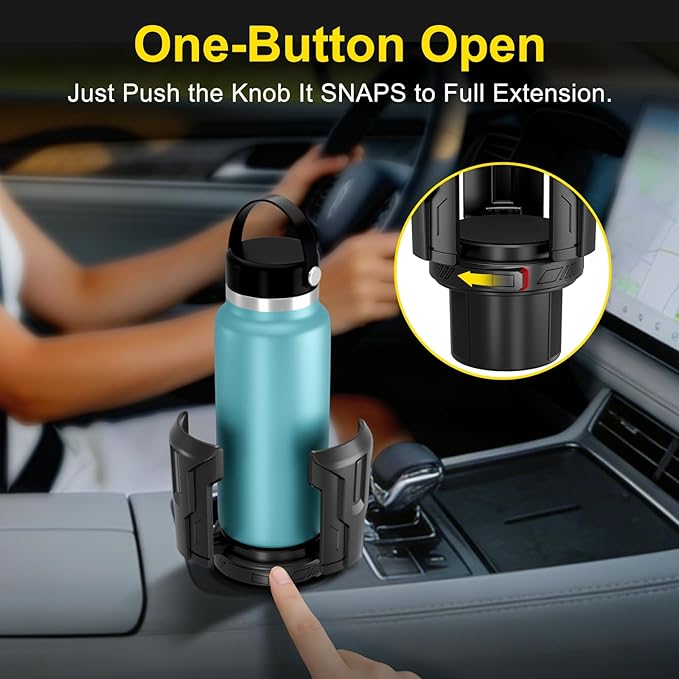 Cup Holder Expander (Adjustable Holder & Base, Auto-Fit Hold, One Button Open), Car Cup Holder Expander for Yeti, Hydro Flask, Nalgene, Owala, Bottles in 2.6"- 4.8" (1 Pack)
