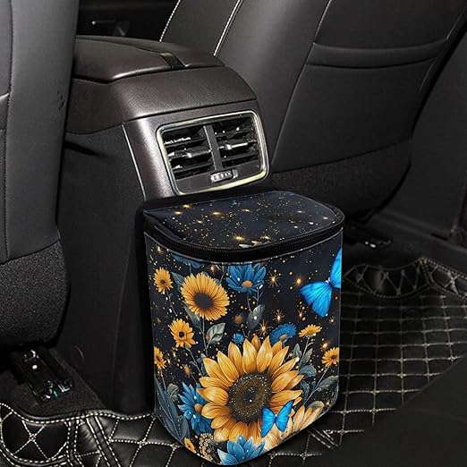 Sunflower Auto Car Trash Can Hanging Car Garbage Bag with Lid Washable Leak Proof Car Trash Bin Hanging for Front Back Seat，Blue Butterfly Sunflower Vehicle Rubbish Bin
